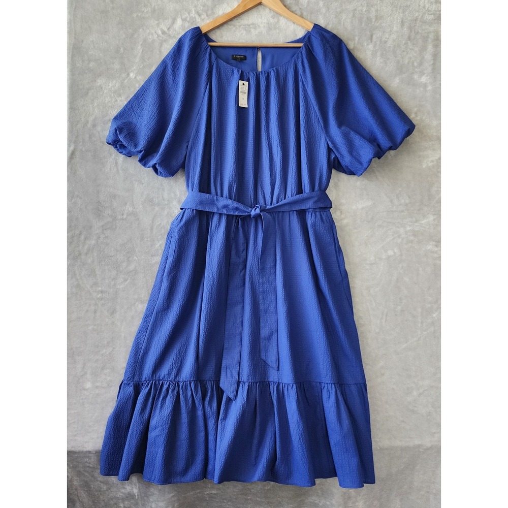 Talbots Dress Womens Size 1X Royal Blue Puff Sleeve Tiered Pocket Seersucker NWT